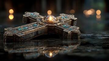 Detailed depiction of an ornate cross with intricate design and glowing gem, set against a blurred background with soft lighting photo