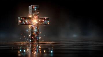 Bright cross glowing in dark water surrounded by light reflections photo