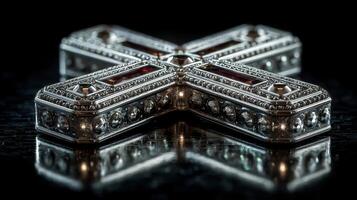 Intricate silver cross with gemstones reflecting in a dark setting captured in fine detail photo