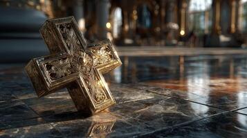 Golden cross resting on marble floor in elegant interior during soft afternoon light photo