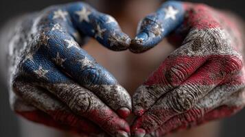 Hands painted with American flag colors create a heart shape symbolizing unity and patriotism in a powerful display photo