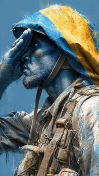 Soldier in blue and yellow uniform saluting with pride against a textured background photo