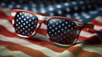 Sunglasses reflecting American flag patterns on patriotic fabric during celebration event in the United States photo