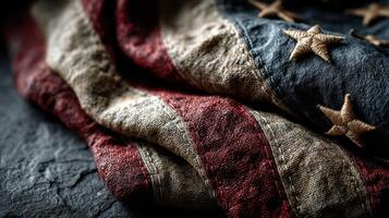Worn American flag draped over textured surface showcasing history and craftsmanship photo