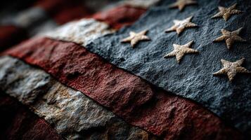 Detailed close-up of an aged American flag showcasing its worn texture and faded colors during a soft light setting photo
