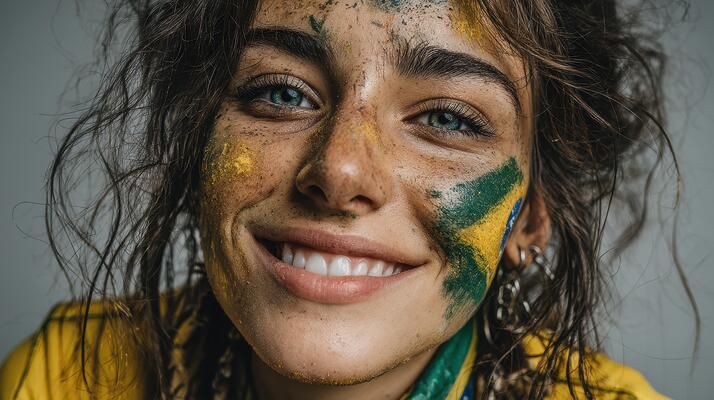 Young woman with colorful face paint smiling proudly during a sports celebration in an indoor setting