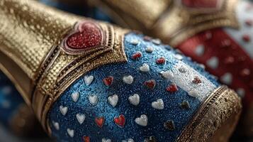 Colorful heart-themed bottles sparkle with moisture in a creative party setting photo