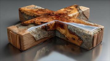 Unique cross-shaped table design featuring wood and resin in modern craftsmanship photo