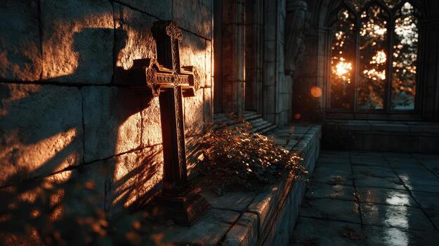 Sunset light casts shadows over an ornate cross inside an ancient stone chapel photo