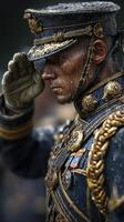 Soldier in detailed uniform salutes under rain during ceremonial event in historical location photo