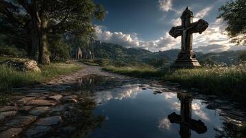 Mysterious graveyard at dusk surrounded by lush trees and tranquil water reflecting the ancient stone cross photo
