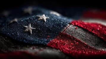 Close-up of an intricately textured American flag with vibrant colors and subtle details in fabric photo