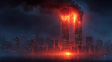 Fire engulfing twin towers as smoke billows over city skyline during night hours photo