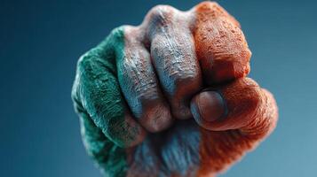 Colorful fist representing national pride with green and orange paint on blue background photo