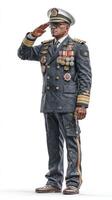 Military officer saluting proudly in full uniform adorned with medals and insignia at a ceremonial event photo
