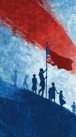 Children marching with pride and raising a flag on a hill during a festive celebration at sunset photo