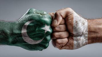 Hands symbolizing unity and rivalry between Pakistan and India with painted national flags photo