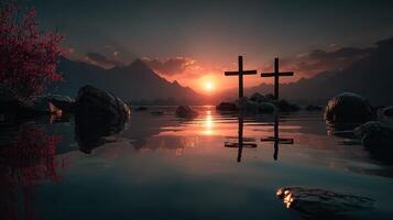 Scenic sunset reflection with crosses in tranquil water surrounded by mountains photo