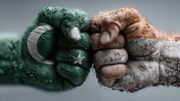 Fists of Pakistan and India unite in symbolic gesture of peace and rivalry in an artistic display photo