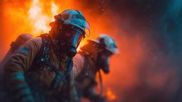 Firefighters combating intense flames during a nighttime rescue mission in an urban area photo