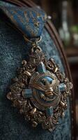 Intricate medal displayed on a textured fabric background showcasing detailed craftsmanship and ornate design elements photo