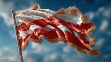 Vibrant red and white striped flag waving against a clear blue sky during a sunny day photo