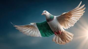 Colorful pigeon soaring against a vivid sky at sunset with wings fully spread photo