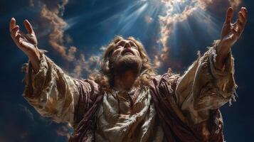 Religious figure expressing emotion with open arms under a dramatic sky at sunset photo