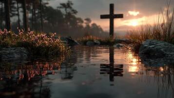 Grassy landscape with a reflective body of water and a wooden cross during sunset near a forest photo