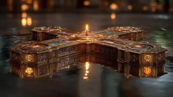 Intricate decorative object with candle reflecting in serene water at twilight setting photo