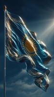 Flag of Kazakhstan waving proudly in a blue sky with sunlight illuminating its vibrant colors and intricate design photo