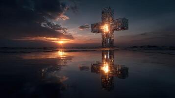 Stunning sunset reflection behind a luminous cross over calm waters, showcasing artistry and serenity at dusk photo