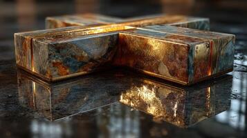 Reflection of a metallic cross sculpture on a glossy surface in a well-lit interior space photo