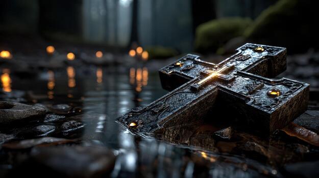 Dark cross rests on wet stones surrounded by a misty forest with flickering candles at dusk photo
