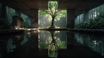 Unique view of a tree surrounded by concrete and water in a serene forest setting during golden hour photo