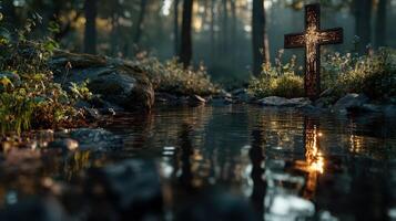 Reflection of light on water near a wooden cross in a serene forest setting during early morning hours photo