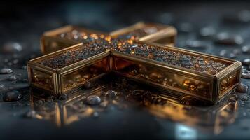 Golden cross adorned with water droplets resting on a reflective surface in a dimly lit environment photo