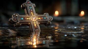 Decorative cross resting in shallow water with candles illuminating surroundings during twilight photo