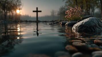 Tranquil riverside setting with cross at sunrise amidst rocks and flowers photo