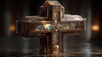 Intricate metallic cross illuminated in dim light creates a mystical atmosphere in a quiet, reflective space photo