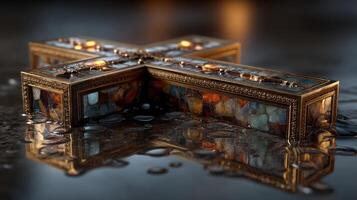 Intricate cross design resting on a reflective surface surrounded by water droplets in soft ambient light photo