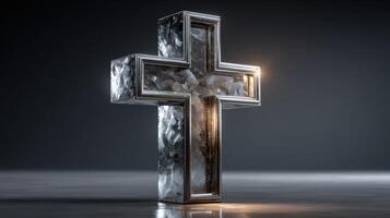 Symbolic crystal cross illuminated on a dark surface highlighting intricate details photo