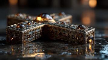 Intricate decorative cross resting on a reflective surface with soft light highlighting its details photo