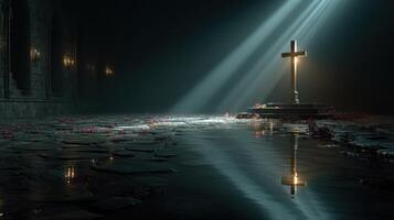 Hauntingly lit ancient grave with a cross and reflections in a dark, atmospheric setting photo