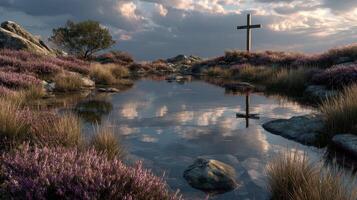 Serene landscape with a cross by a reflective pond surrounded by purple heather at dusk photo