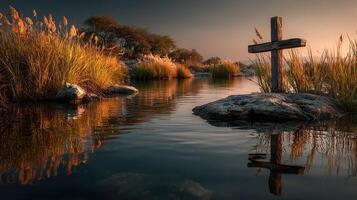 Tranquil river landscape with a wooden cross and golden grass during sunset near calm waters photo