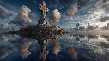 Serene landscape with a towering cross monument reflecting on calm waters at sunset photo