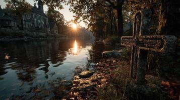 Tranquil riverside scene at sunset with a stone cross and historical architecture in the background photo