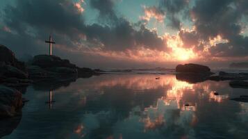 Stunning sunset reflection by the rocky coastline with a cross and serene waters photo