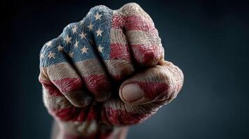 Symbol of resilience and patriotism with a painted fist showcasing the American flag on a dark background photo